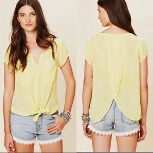 Free People Spellbound Collar Button Up Sheer open back Blouse in Golden Moss